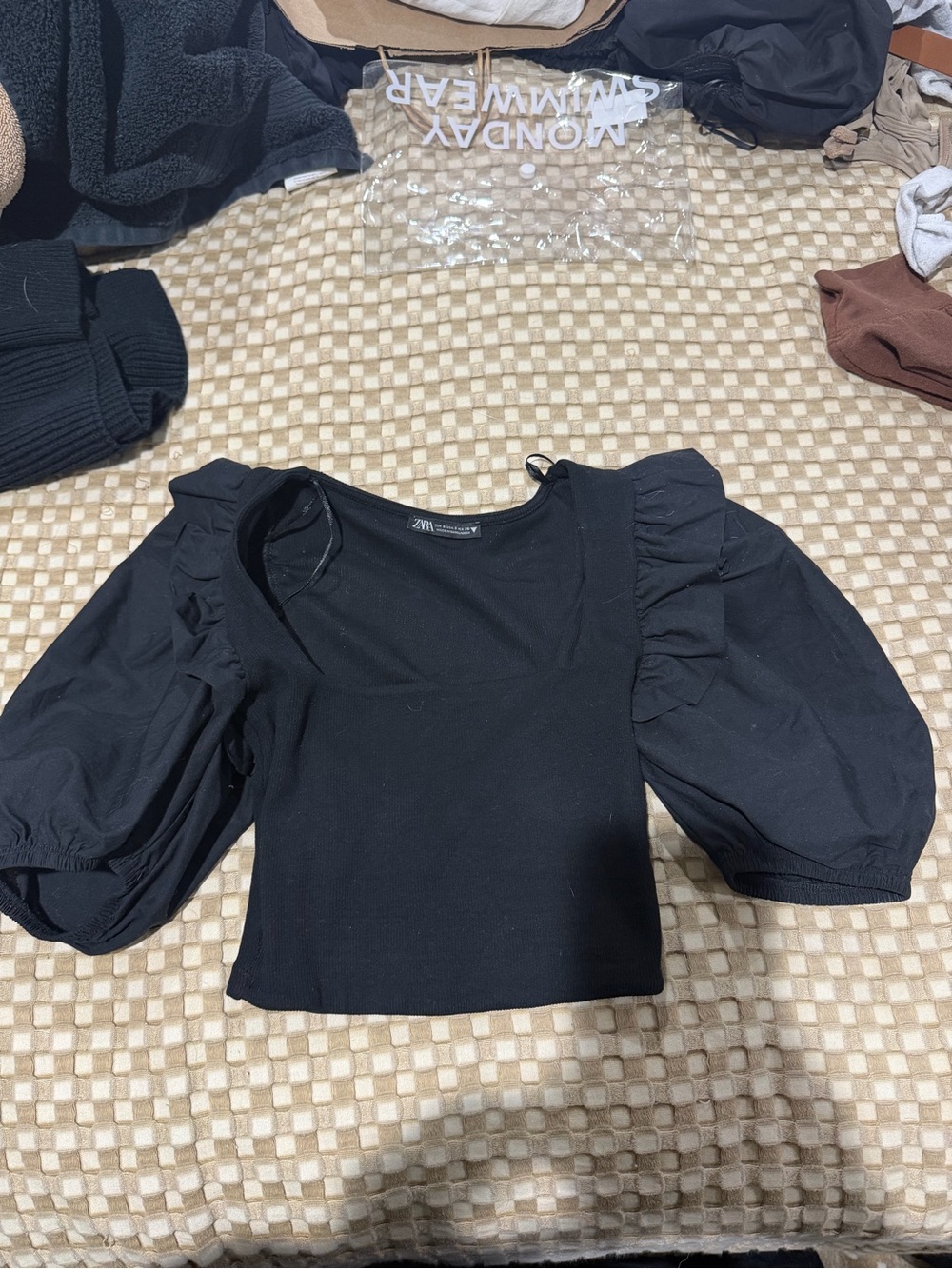 ZARA Black Puff-Sleeve Square Neck Top